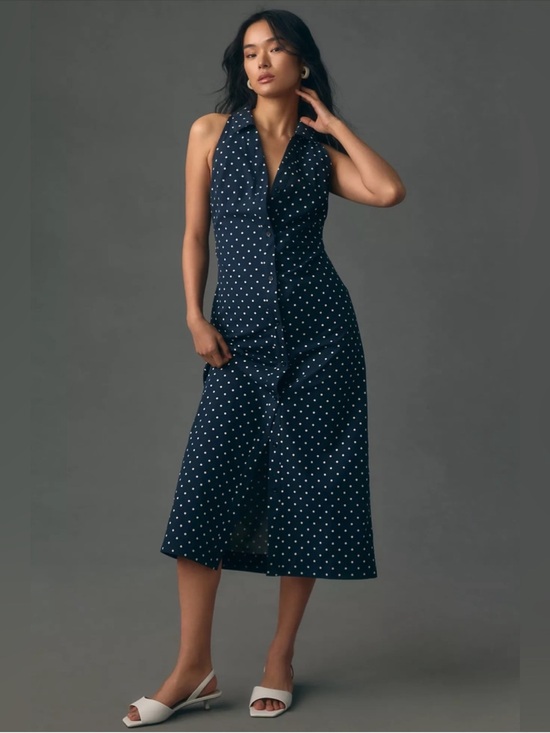 Anthropologie Dresses & Skirts - Anthropologie Maeve Halter Slim Midi Button Down Dress Polka Dot Blue Size XS